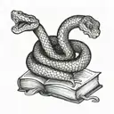 contented looking snake, curled around a closed hardback book  tattoo design idea