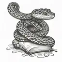 contented looking snake, curled around a closed hardback book  tattoo design idea