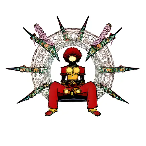 afro monch sitting crossed legged chakra symbols down the spine pyramids in the back and dragons on the bottom  tattoo design idea