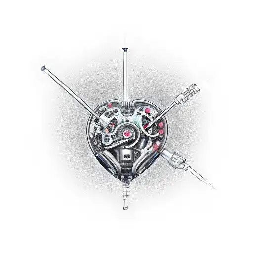 mechanical realistic heart, with electronic elements tattoo design idea
