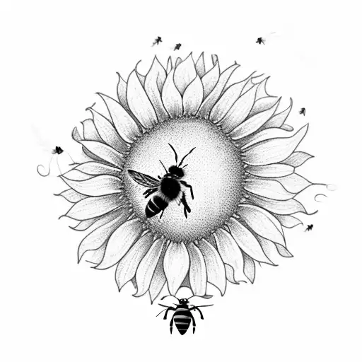 A delicate blackwork tattoo of a bee flying towards a blooming sunflower, symbolizing your love for nature and the beauty of life tattoo design idea