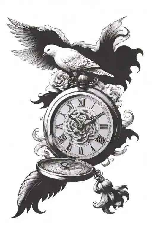 rose pocket watch 11:12 p.m. dove parchment 08/14/2022 tattoo design idea