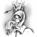 Grim Reaper eating a bag of peanuts tattoo design idea