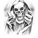 Grim Reaper eating a bag of peanuts tattoo design idea