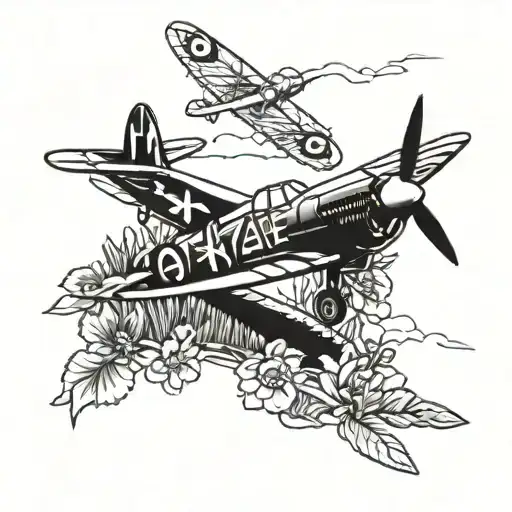 A tattoo of a Spitfire plane flying over a field of colorful flowers, incorporating the love for Spitfires and flowers tattoo design idea