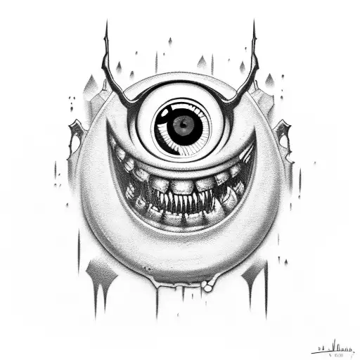 monster with angry eyes and with oversized eyes and a open mouth full of sharp, monstrous teeth tattoo design idea