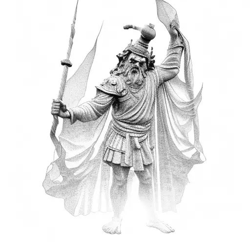 a statue, seemingly made of stone. The statue depicts a figure wearing a robe and sandals, standing in a poised manner.  tattoo design idea