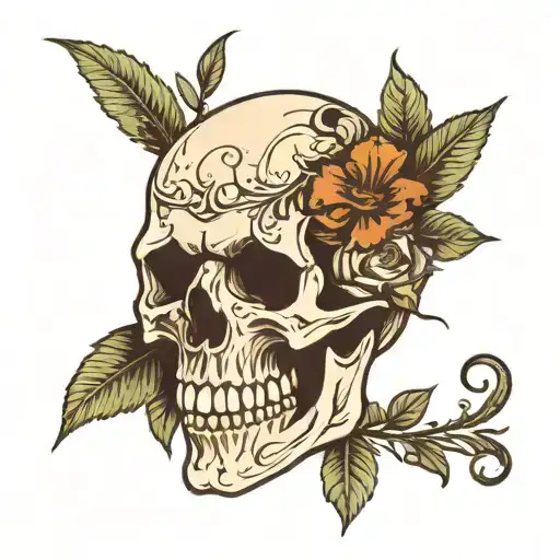 The skull, surrounded by laurel leaves, clutched a cartridge in its teeth. tattoo design idea