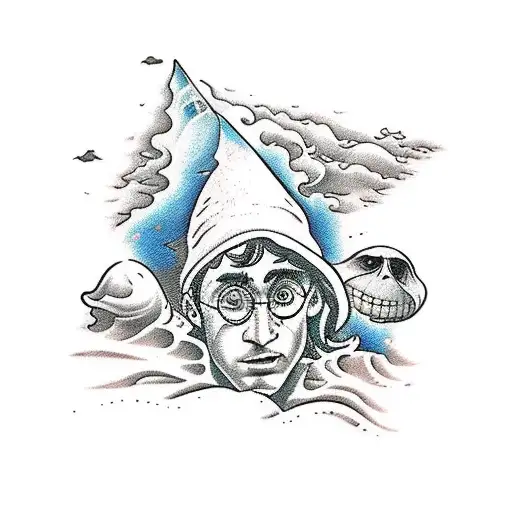 A surrealistic depiction of a beach scene with Harry Potter characters integrated into the landscape tattoo design idea