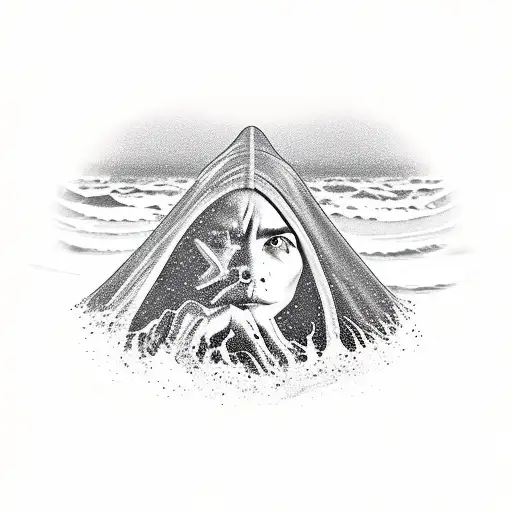 A surrealistic depiction of a beach scene with Harry Potter characters integrated into the landscape tattoo design idea