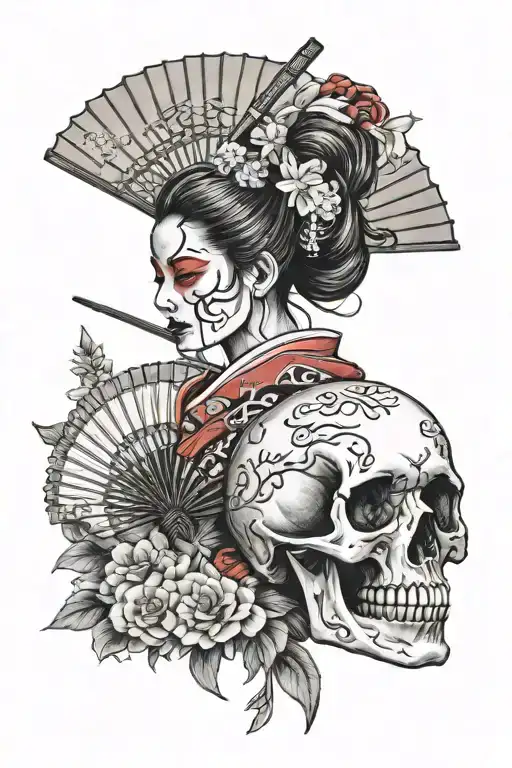 geisha skull fan Japan tattoo design idea