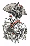 geisha skull fan Japan tattoo design idea