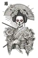 geisha skull fan Japan tattoo design idea