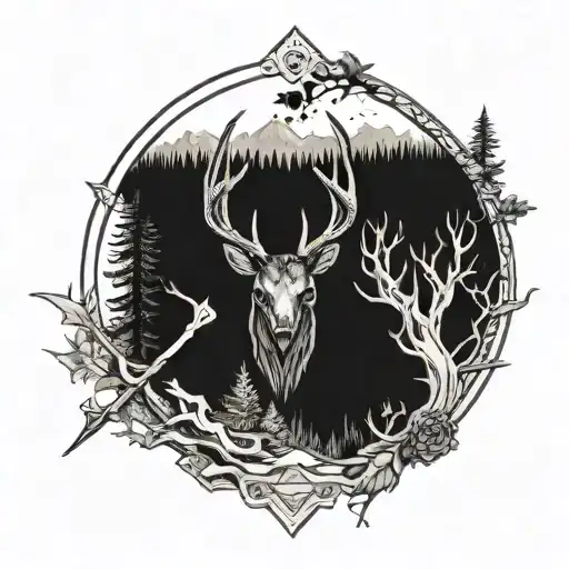 A detailed blackwork tattoo of a majestic buck skull with intricate antlers surrounded by hunting arrows and a forest landscape tattoo design idea