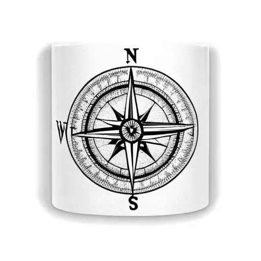 A coffee mug with a compass and airplane symbolizing wanderlust tattoo design idea