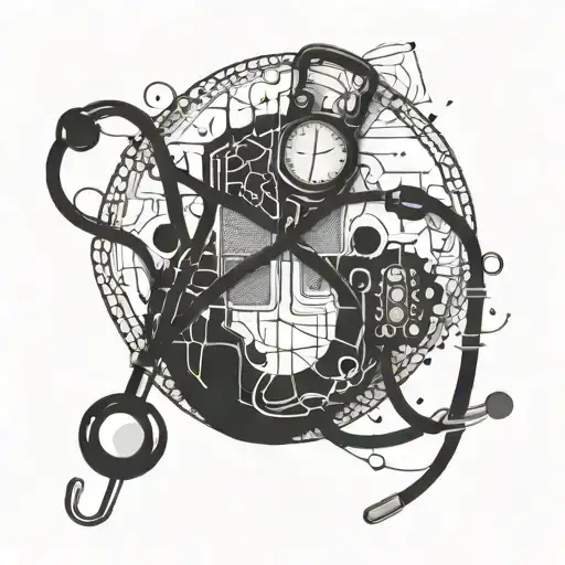 A topographic map made of chemical structures adenine, thymine, guanine, and cytosine, with a stethoscope wrapping around it tattoo design idea