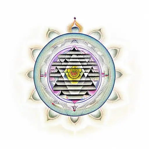 Sri Yantra with the number pi in the shape of our galaxy interspersed with stars and Buddhist mantras tattoo design idea
