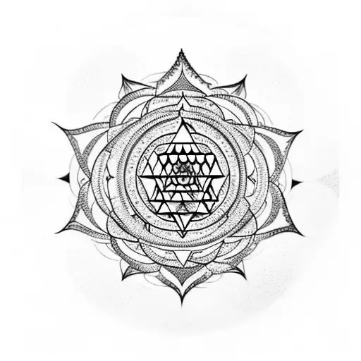Sri Yantra with the number pi in the shape of our galaxy interspersed with stars and Buddhist mantras tattoo design idea