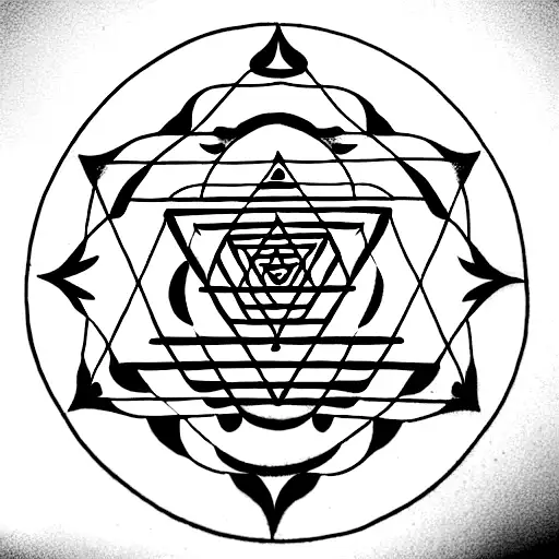 Sri Yantra with the number pi in the shape of our galaxy interspersed with stars and Buddhist mantras tattoo design idea