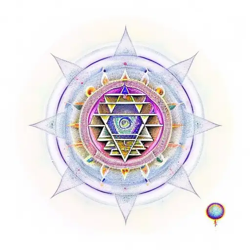 Sri Yantra with the number pi in the shape of our galaxy interspersed with stars and Buddhist mantras tattoo design idea