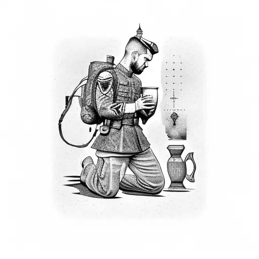 A dotwork tattoo of a soldier kneeling in prayer, with a coffee cup in hand tattoo design idea