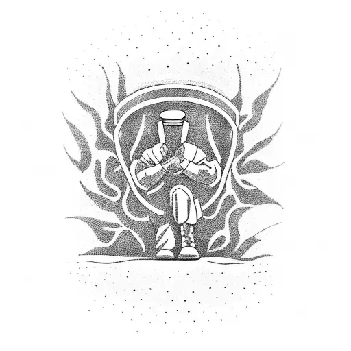 A dotwork tattoo of a soldier kneeling in prayer, with a coffee cup in hand tattoo design idea