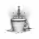 A dotwork tattoo of a soldier kneeling in prayer, with a coffee cup in hand tattoo design idea