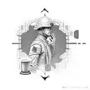 A dotwork tattoo of a soldier kneeling in prayer, with a coffee cup in hand tattoo design idea