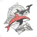 Ironman triathlon symbol with orca and mountains tattoo design idea