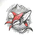 Ironman triathlon symbol with orca and mountains tattoo design idea