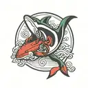 Ironman triathlon symbol with orca and mountains tattoo design idea