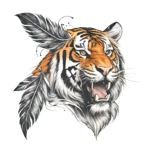 tiger with feathers falling  tattoo design idea