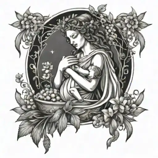 demeter the greek goddess cradling a baby surrounded by fruits, flowers and corn sheaths as a tarot card  tattoo design idea