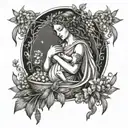 demeter the greek goddess cradling a baby surrounded by fruits, flowers and corn sheaths as a tarot card  tattoo design idea