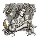 demeter the greek goddess cradling a baby surrounded by fruits, flowers and corn sheaths as a tarot card  tattoo design idea