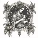 demeter the greek goddess cradling a baby surrounded by fruits, flowers and corn sheaths as a tarot card  tattoo design idea