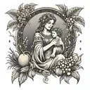 demeter the greek goddess cradling a baby surrounded by fruits, flowers and corn sheaths as a tarot card  tattoo design idea