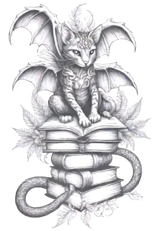 books, cat, dragon, fern, mushroom, fairy wings, book lover  tattoo design idea