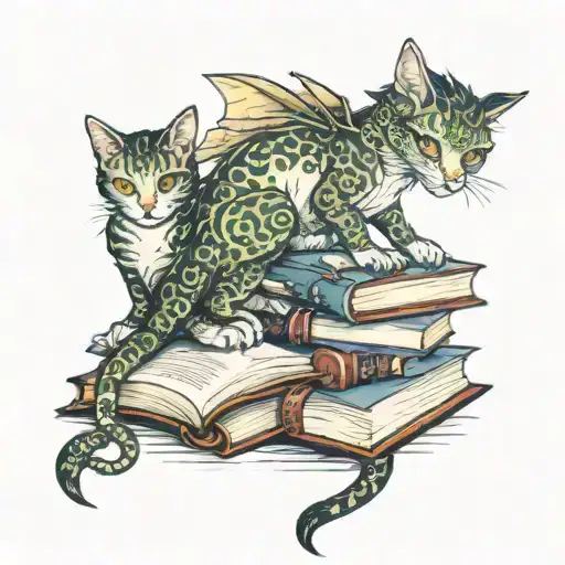 books, cats, dragon tattoo design idea