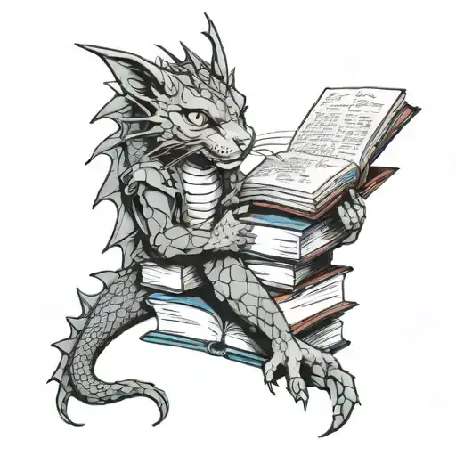 books, cats, dragon, gothic tattoo design idea