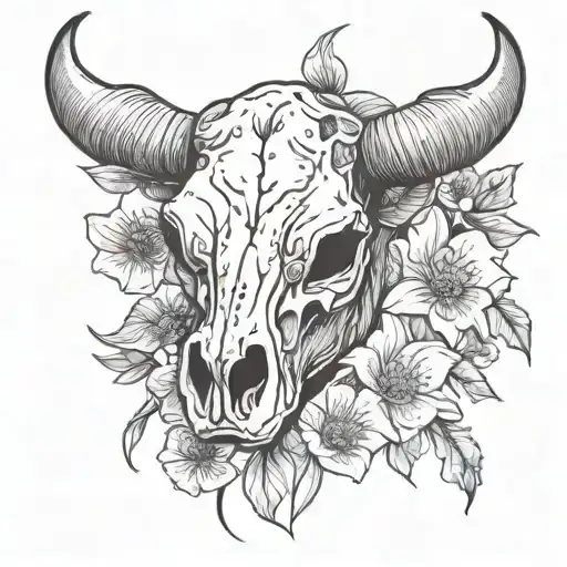 A blackwork tattoo of a cow skull with poppy and lily flowers intertwined, symbolizing the nurse's love for animals and nature tattoo design idea