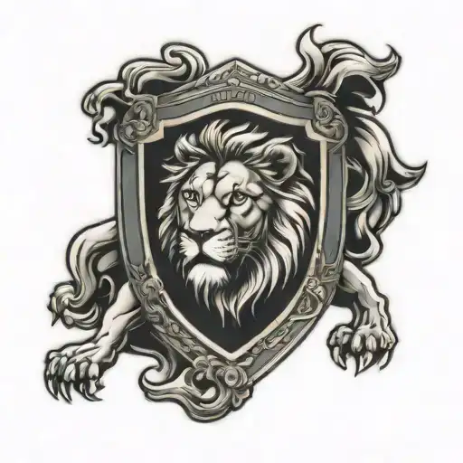 shield arm lion a letter R tattoo design idea