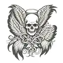 skull, angel wings, tattoo design, up close, digital art, drawing, tattoo, sketch, side profile,  tattoo design idea