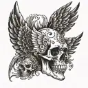 skull, angel wings, tattoo design, up close, digital art, drawing, tattoo, sketch, side profile,  tattoo design idea