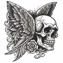 skull, angel wings, tattoo design, up close, digital art, drawing, tattoo, sketch, side profile,  tattoo design idea