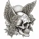 skull, angel wings, tattoo design, up close, digital art, drawing, tattoo, sketch, side profile,  tattoo design idea