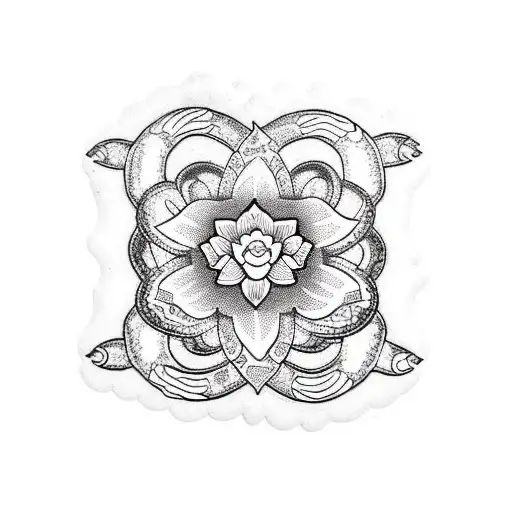 A blackwork tattoo featuring a snake and flower mandala tattoo design idea