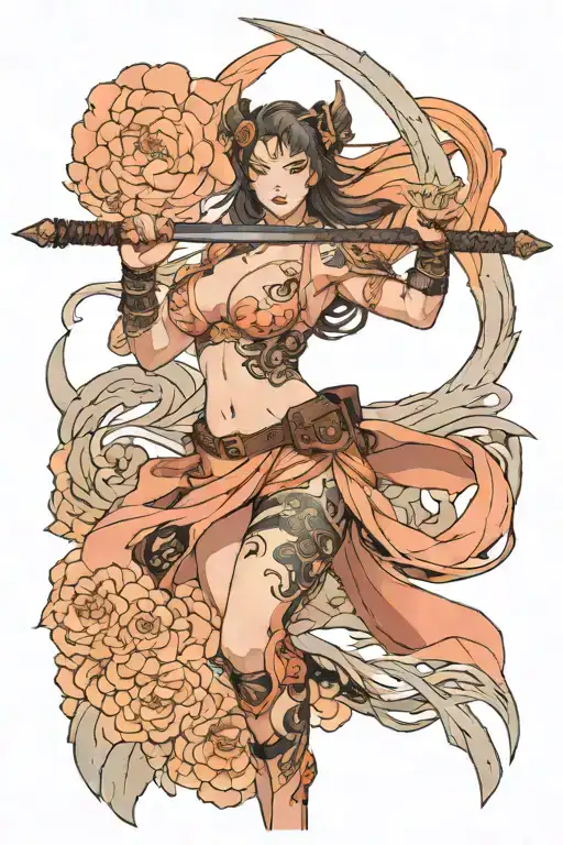 busty valkyrie in peach colored bikini armor holding a sword  tattoo design idea