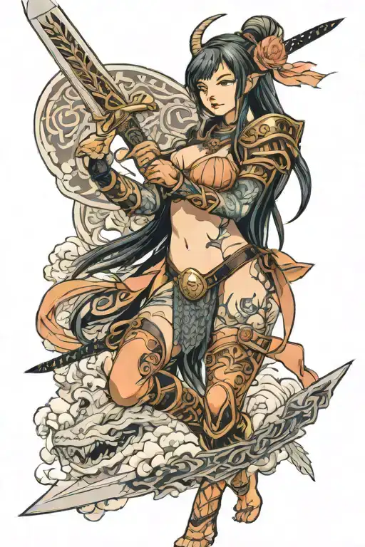 valkyrie in peach colored bikini armor holding a sword  tattoo design idea