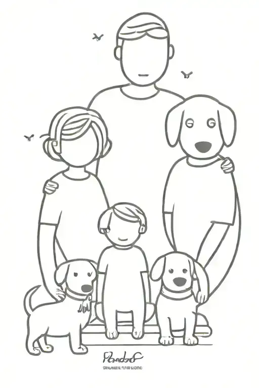 simple black. family with boy twins, mom, dad, grandma, dog, kat  tattoo design idea